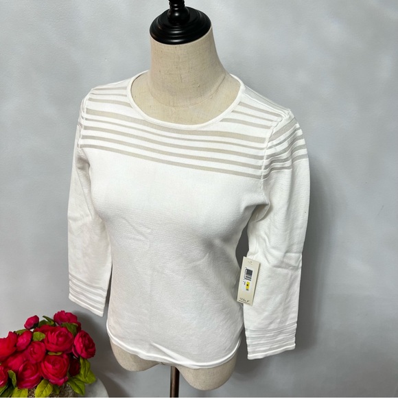 Eliza J Ivory Mesh Insert 3/4 Sleeves Knit Top- New With Tag - Size Medium - Picture 9 of 14